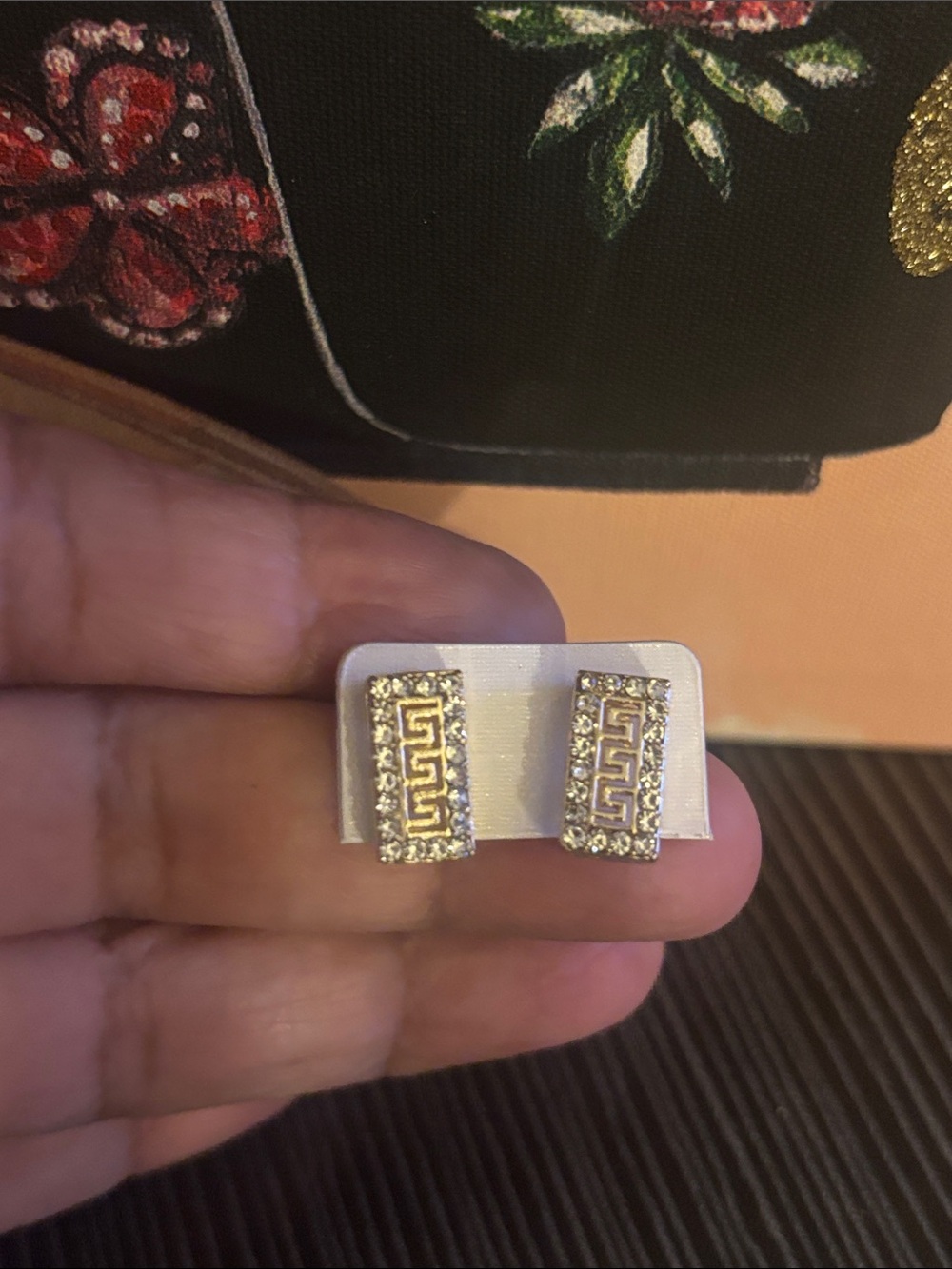 liberty Gold Rectangular Greek Key Crystal Stud Earrings